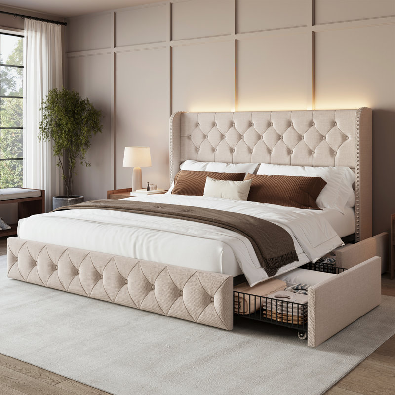Structure de lit avec tiroirs de rangement et tête de lit capitonnée, plateforme rembourrée en velours, Beige, Très grand lit