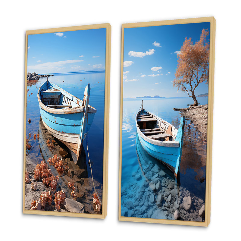 «Blue Boat Serenity», 2 pièces sur toile, H 40 po x l 40 po, Encadrement brun