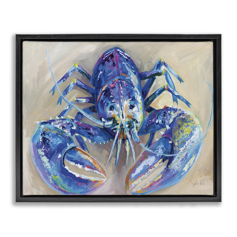 "Blue Lobster Impression", art mural encadré par Jeanette Vertentes, Cadre flottant noir de jais, H 17 po x l 21 po
