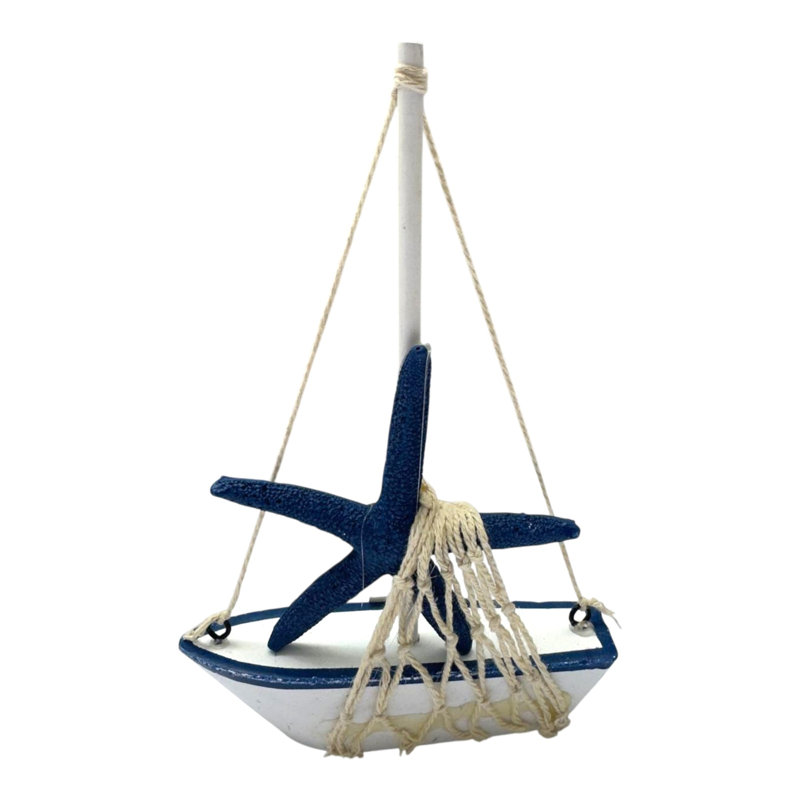 Ensemble de 4 petites voiliers assortis avec figurines nautiques, H 6,6 po x l 1 po x P 4,5 po, Bleu-blanc