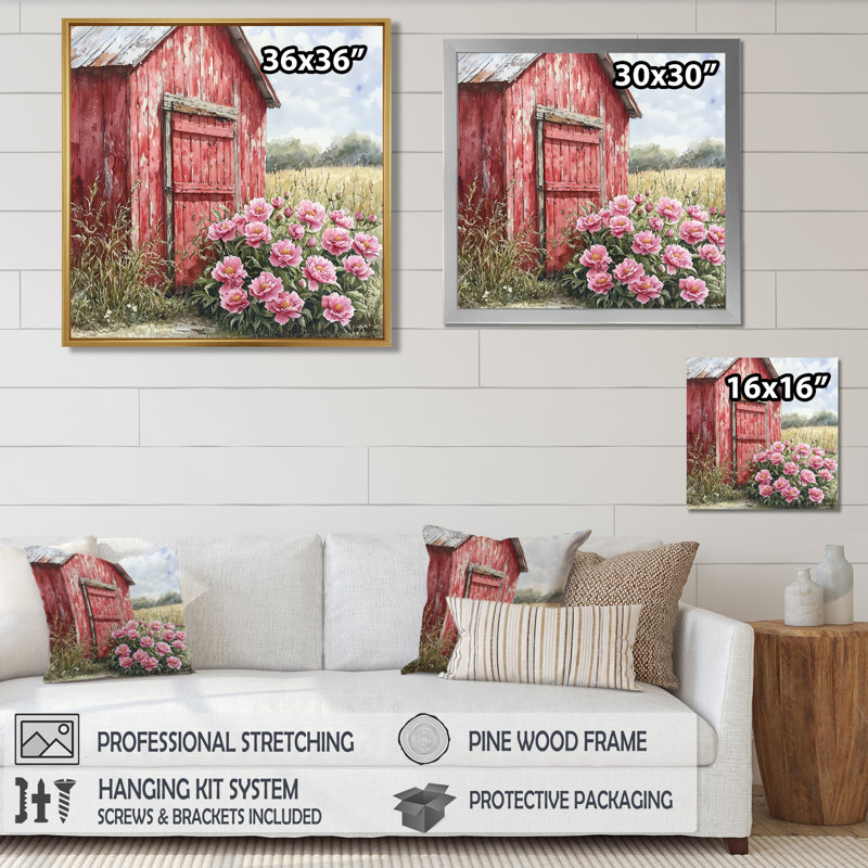 Deshores pivoines par le tracteur Shed I - pivoines, art mural, Toile tendue, Ne s’applique pas, H 16 po x l 16 po