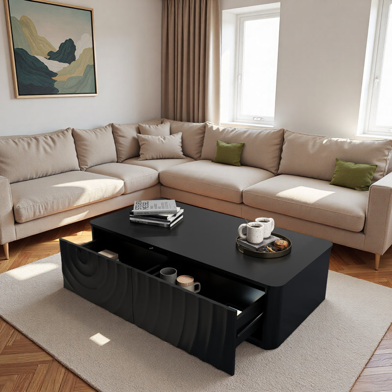 Modern Square Spiral Grain Coffee Table With 2 Drawers, Black