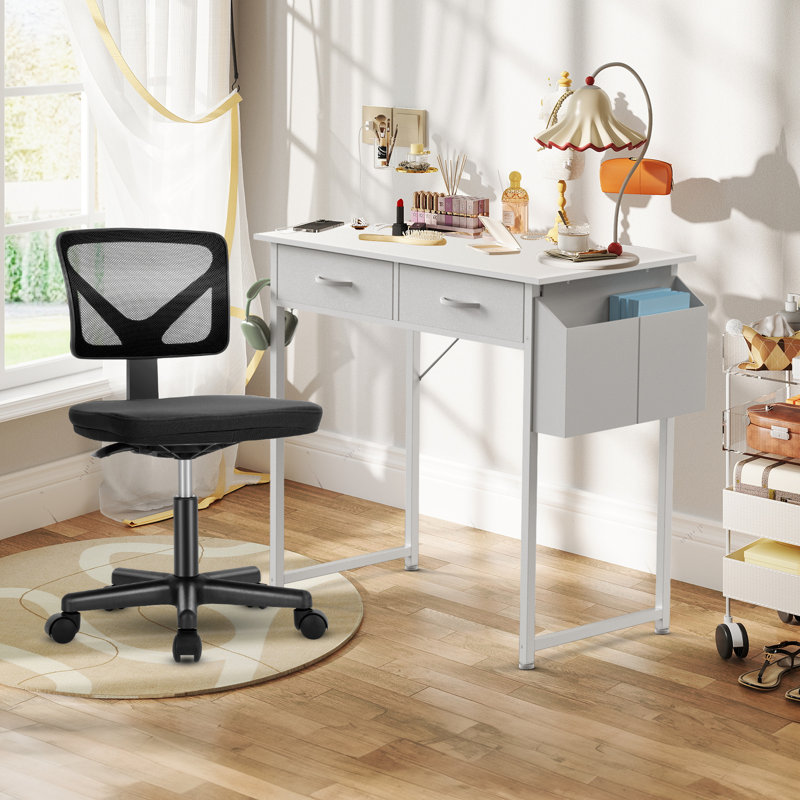 Desk and Chair Set: 32 Inch Computer Desk & Height Adjustable Black Mesh Chair, White/Black