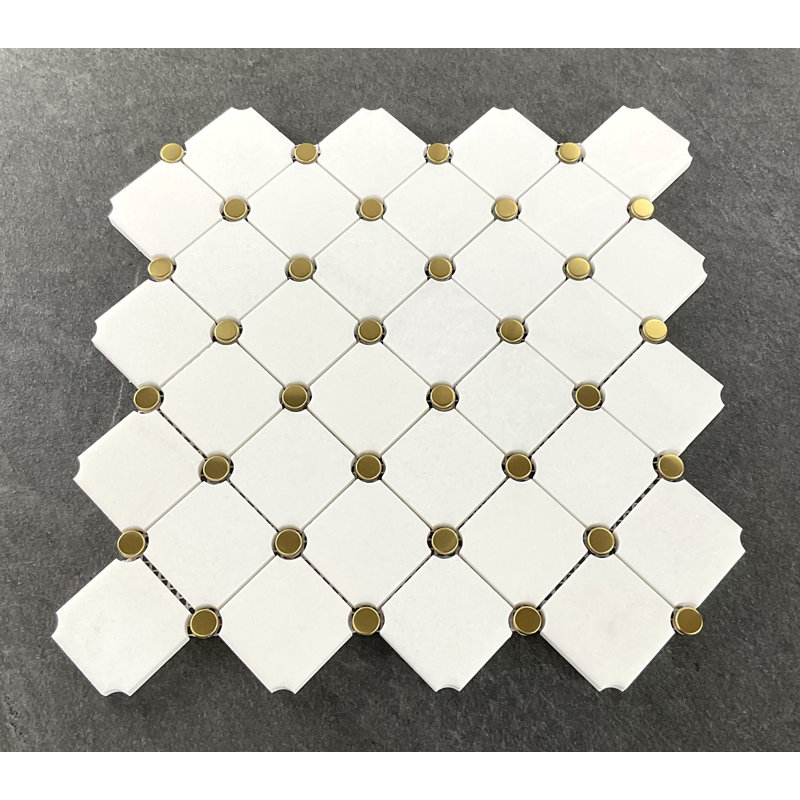 Diamond With Dot Marble Mosaic Tile, White/Gold