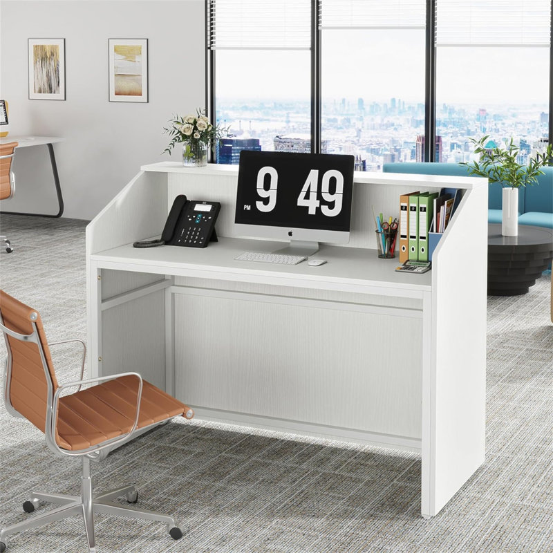 47" Modern White Reception Desk With Counter, Front Desk Table With Cable Grommet & Privacy Panels, Retail Checkout Counter For Office, Lobby, Salon, Home Office
