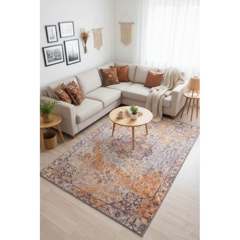 Tapis décoratif jaune à motif tissé rétro, Rectangle 7 pi 7 po x 10 pi 10 po