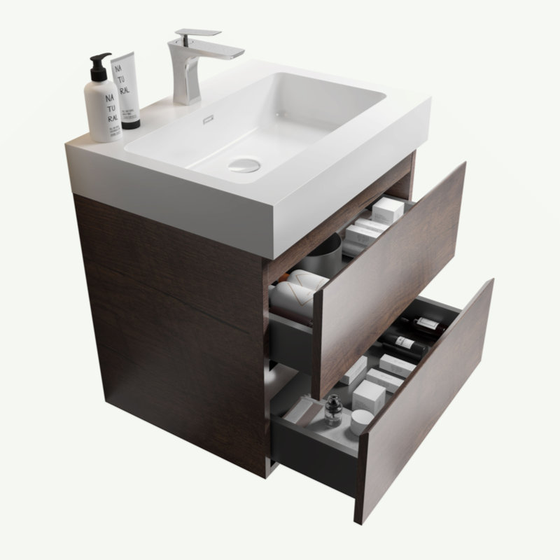 Meuble-lavabo mural 24 po avec lavabo, grand meuble-lavabo flottant mural pour salle de bain moderne, lavabo une pièce sans drain, pré-assemblé