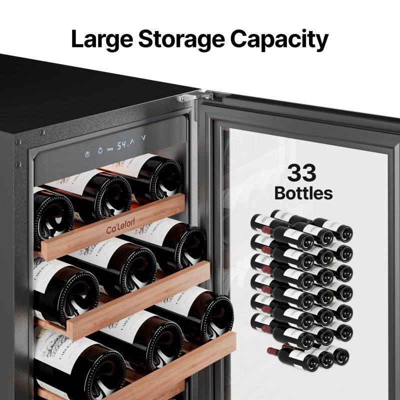 Ca'Lefort 15 in Wine Refrigerator 33 Bottle 40-65℉ Fast Quiet Cooling Wine Cooler with 3-Color LED Light and UV-Blocking Double Glass 