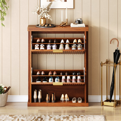 Knoworld Shoe Cabinet Storage For Entryway, 2 Flip Drawers With Toe Kick Space, Fluted Slim Shoe Cabinet For Foyer, Hallway