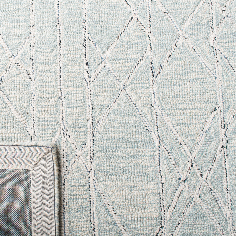 Dam Hand Tufted Wool/Cotton Geometric Rug in Ivory/Light Blue, Square 5'