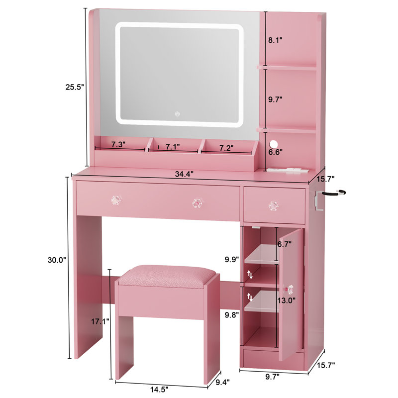34" W Vanity Desk Set With Led Lighted Mirror & Power Outlet, Makeup Table Top with 3 Open Bookcases, 2 Drawers, Dresser Table for Bedroom, Checkroom
