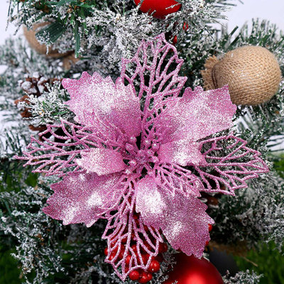 12 Pcs Christmas Glitter Poinsettia Faux Flowers
