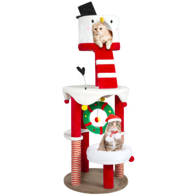 64.2'' H Christmas Multi-Level Cat Tree with Scratching Post and Toy Balls, Christmas Snowman Cat Condo