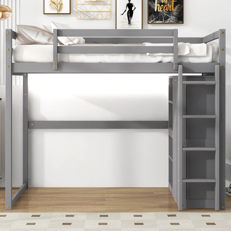 Lit mezzanine double en bois avec garde-robe intégré et tablettes de rangement, lumière DEL, gris