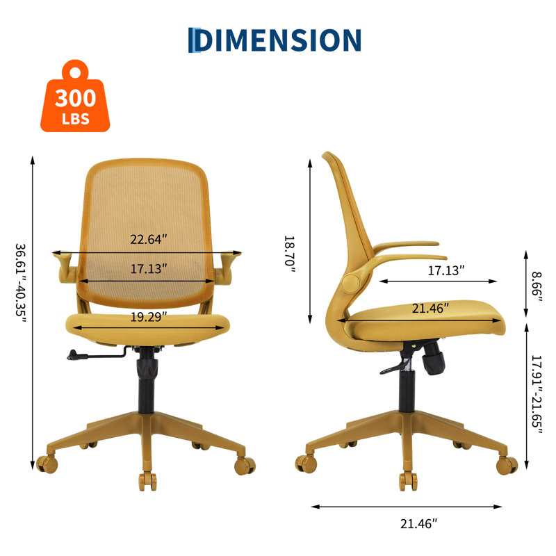 Chaise de bureau ergonomique à accoudoirs rotatifs, Jaune, Jaune