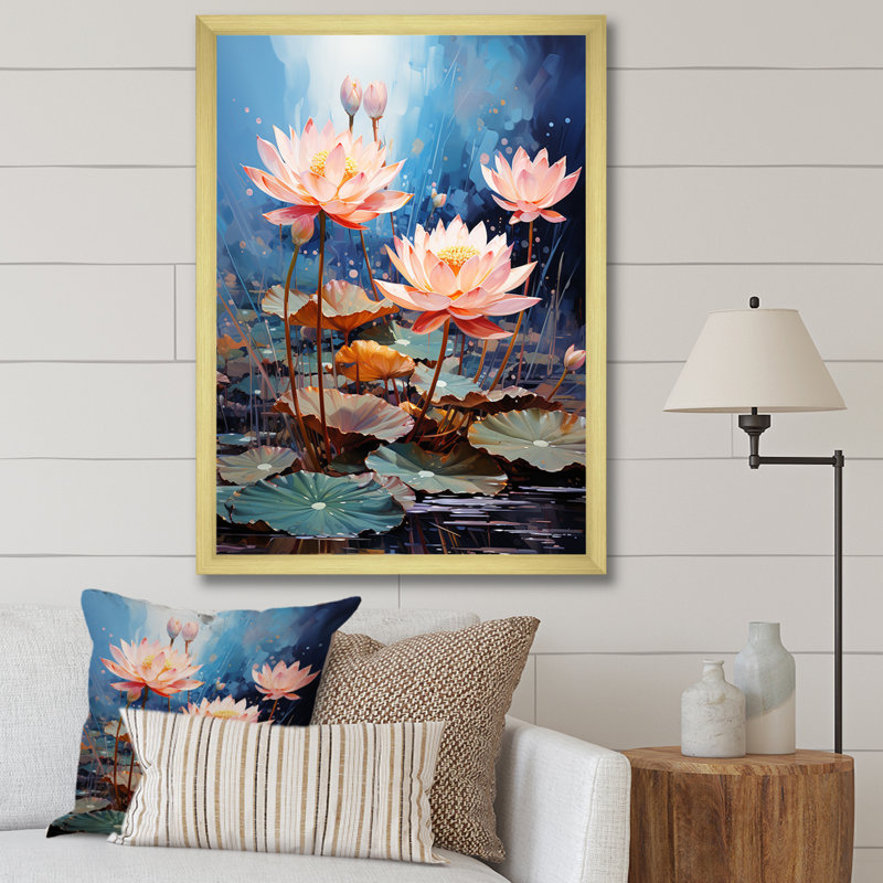 Fleurs de lotus étang harmonie sur toile, H 32 po x l 16 po x P 1 po, Cadre doré simple