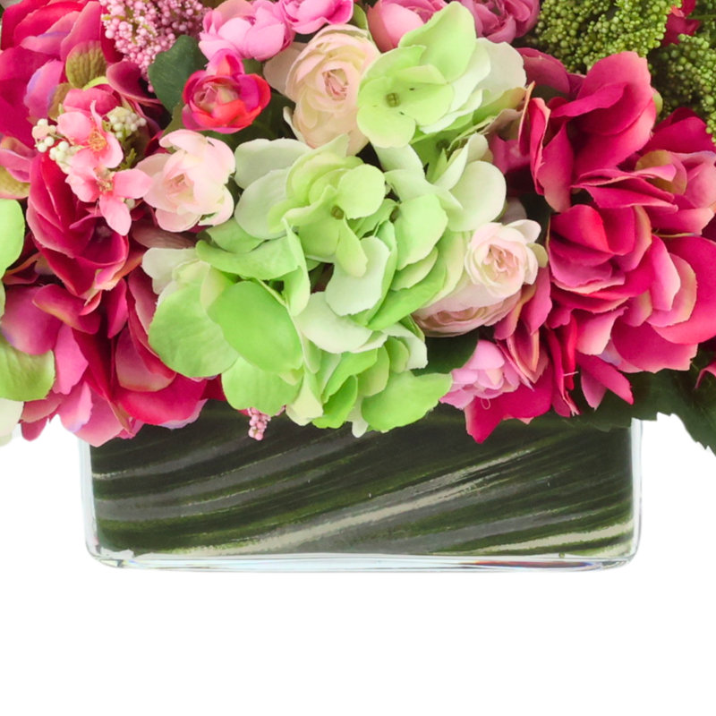 Hydrangea, Heather and Ranunculus Arranged in Rectangular Vase