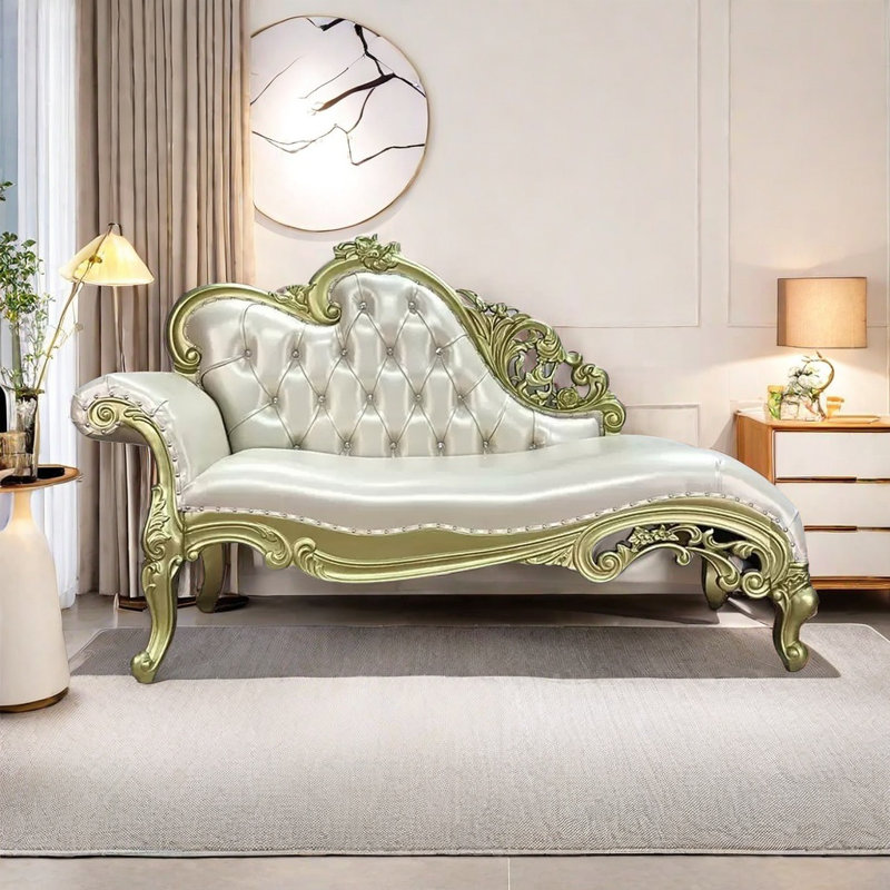 Chaise longue - Similicuir élégant et bois massif, Orienté à gauche (vu de face), Or champagne, Blanc crémeux