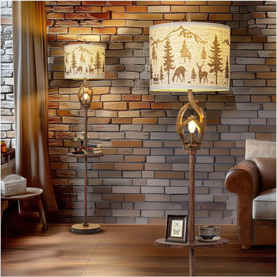 Vintage Deer Antler Floor Lamp with Metal Tray, Rustic Standing Lamp for Living Room, Bedroom, and Home Décor
