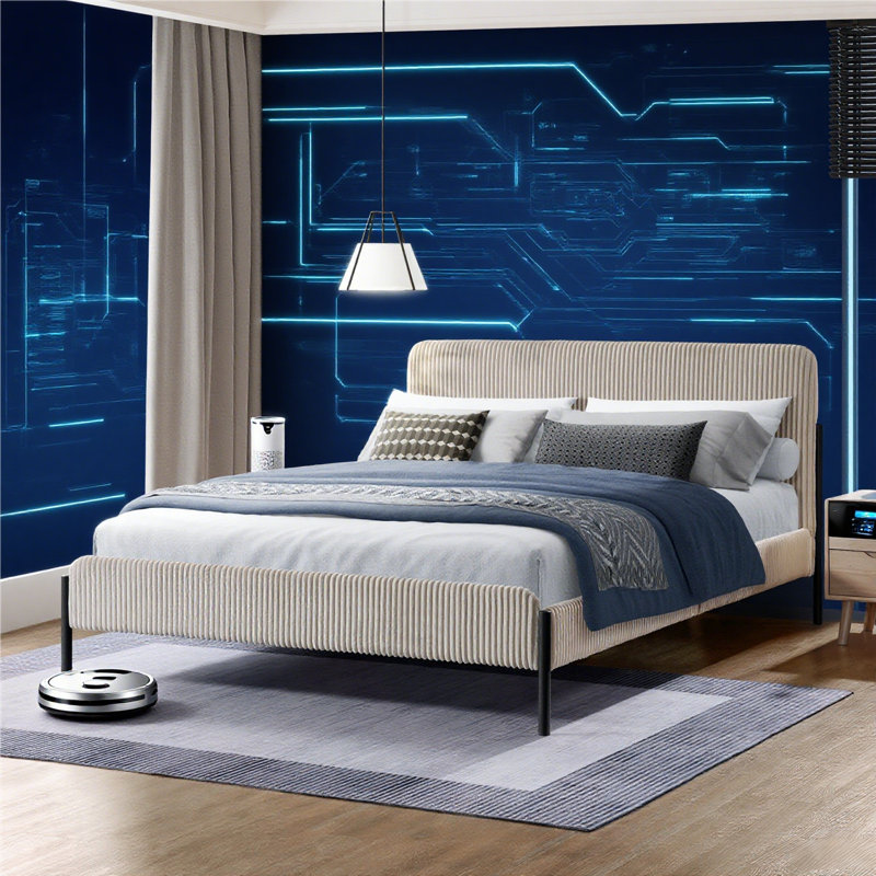 Modern Corduroy Upholstered Platform Bed with Metal Legs, No Box Spring Needed – Queen, Cream