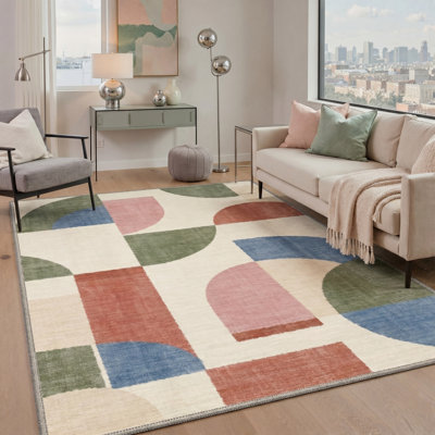 Vintage Geometric Machine Washable Area Rug, Green Beige Blue Red Non-Slip Rug for Living Room Bedroom