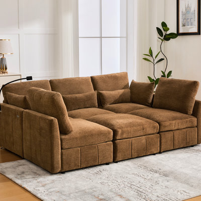 Canapé modulaire multifonctionnel brun 85,4 po avec ports de charge, support pour téléphone et coussins lombaires pour un décor contemporain en forme de L, mobilier flexible et ergonomique