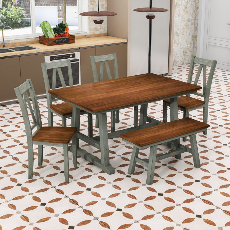 Ensemble de table de salle à manger 6 pièces avec banc et 4 chaises pour réunions de famille, Noyer / gris