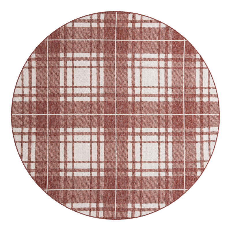 Tereon Plaid Machine Made Power Loom Polypropylene Plastic Indoor/Outdoor Area Rug in Red/White, Round 7'10"