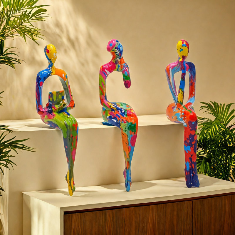 3PCS Modern Resin Abstract Sitting Figurines Set Colorful Hanging Legs Sculptures for Home Office Desk Decor, Abstract, Green