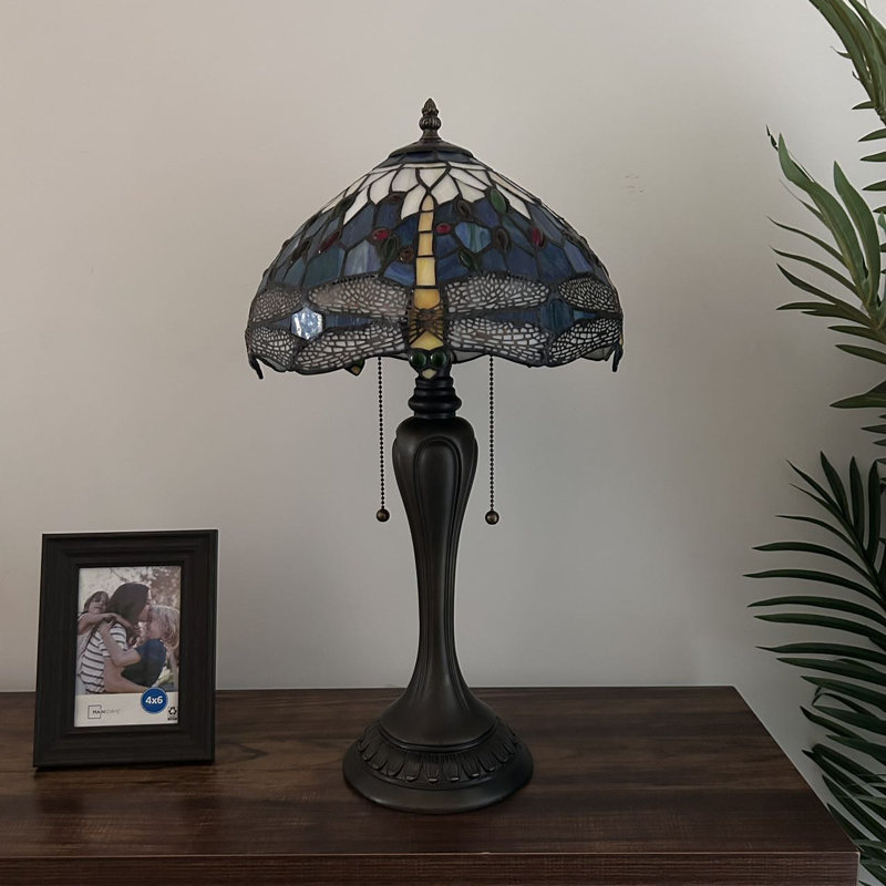 Folcroft Tiffany Table Lamp Dragonfly Blue Stained Glass Included LED Bulbs 12"W*12"D*22"H