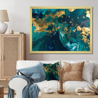 Bleu sarcelle et or liquide Magic II - art mural abstrait