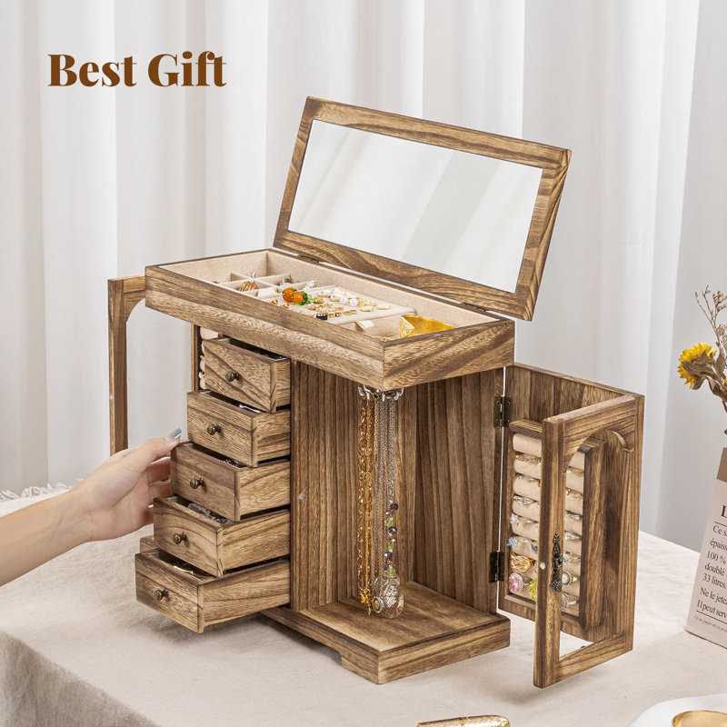 Jewelry Box, Wooden Jewelry Organizer Box With Mirror, Brown