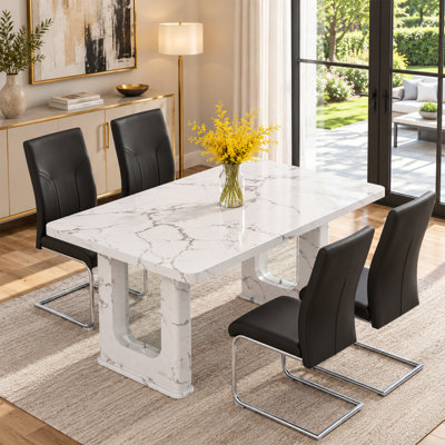 Modern Marble Patterned Dining Table Set For 4, Rectangular Kitchen & Dining Room Set With Glass-Inlay Pedestal Base & Faux Leather Chairs, Contempora