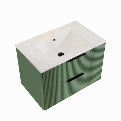 30 Inch Bathroom Vanity Cabinet With Ceramic Sink - Green Wall Mounted Floating Fluted Vanity With Drawers, Modern