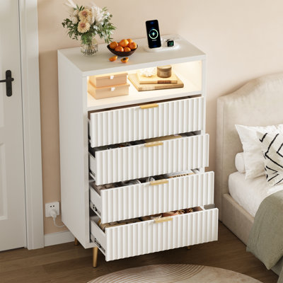 4 Drawer Dresser with LED Lights & Charging Station, Tall Chest of Drawers with Anti-Tipping Device, Modern Storage Cabinet for Bedroom Living Room Entryway