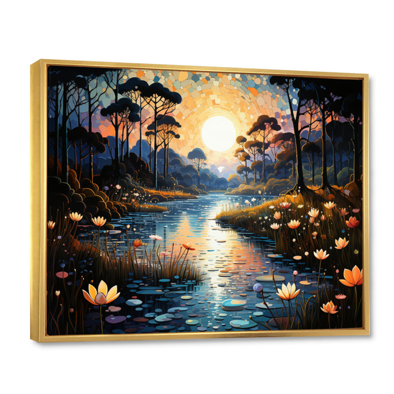 «Blue Green Pointillism River at Night IV», reproduction sur toile, Cadre flottant doré, H 34 po x l 44 po x P 1,5 po