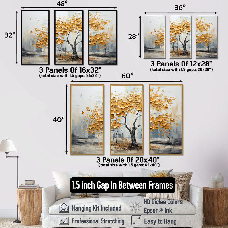 Golden Elegance Maple Tree I - ensemble d'art mural sur toile érable, Cadre naturel flottant, H 40 po x l 60 po x P 1 po