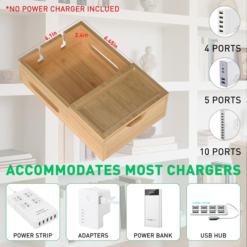Organisateur de station de charge en bambou multi-appareils avec tiroir et plateau, station d'accueil de bureau comprenant 6 câbles pour l'iPhone, les téléphones cellulaires, les tablettes, les blocs d'alimentation (sans chargeur USB)
