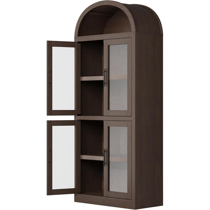 Bibliothèque arquée 71 po avec 4 portes en verre, armoire de rangement à 5 niveaux pour le salon, rouge brunâtre