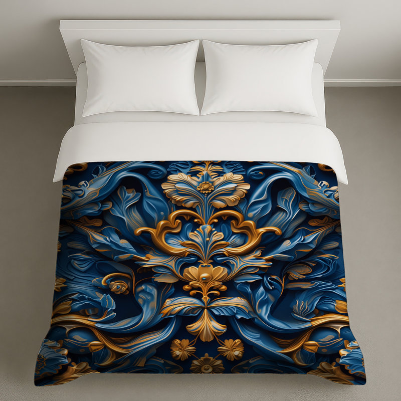 Blue Gold Baroque Pattern Duvet Covers, Grand lit