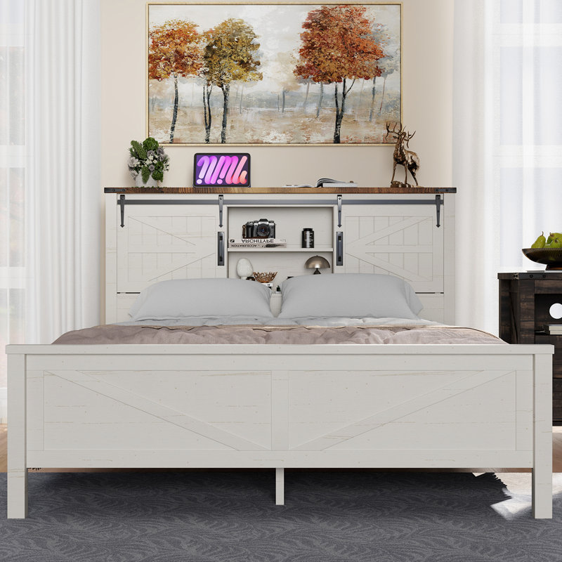 Farmhouse Bed Frame With Charging Station And Storage Cabinets, White, Queen