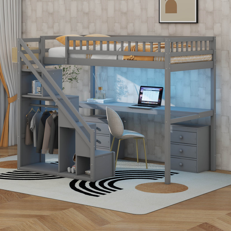 Twin Size Loft Bed Frame With Storage Staircase, Desk, 2-Storage Chest With Drawer, LED, Gray