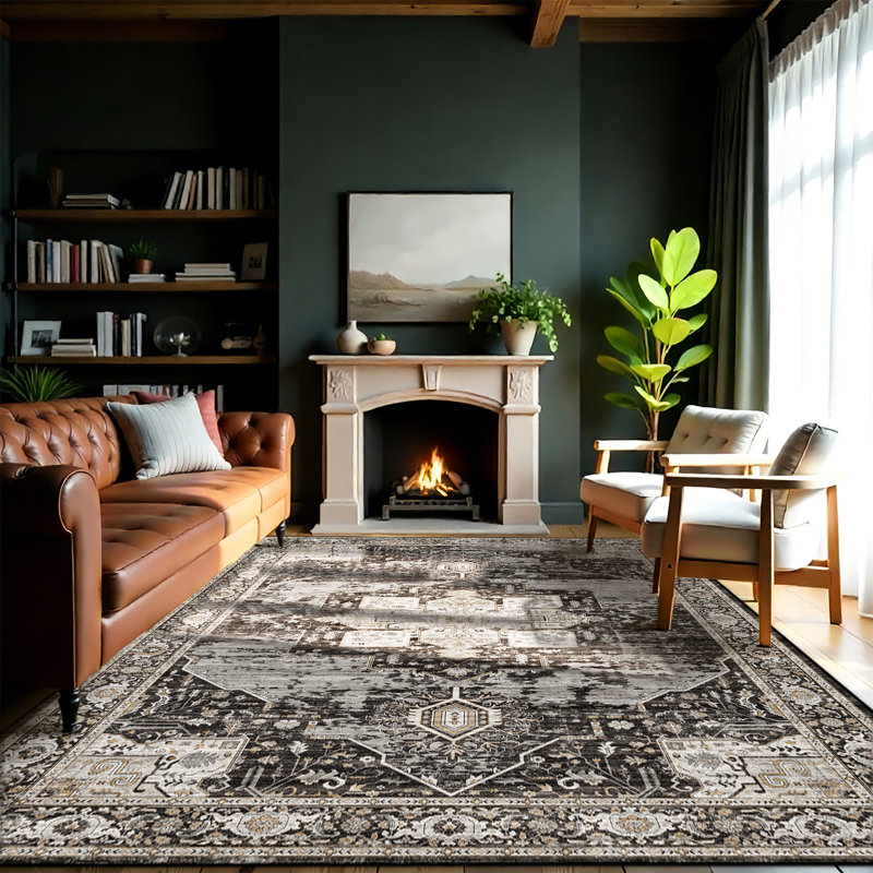 Washable 8x10 Area Rugs - Large Rugs for Living Room Stain Resistant Carpet Vintage Rugs for Bedroom with Non Slip Backing Home Decor Floor Decoration Mat (8x10 Black)