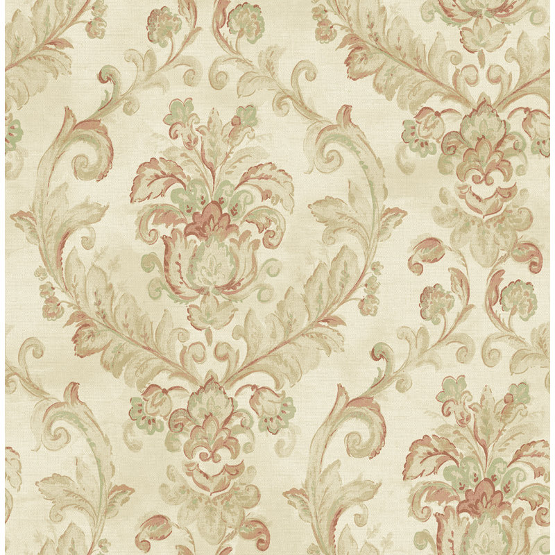 Seabrook Designs Tuileries Damask Unpasted Wallpaper, Metallic Parchment/Strawberry