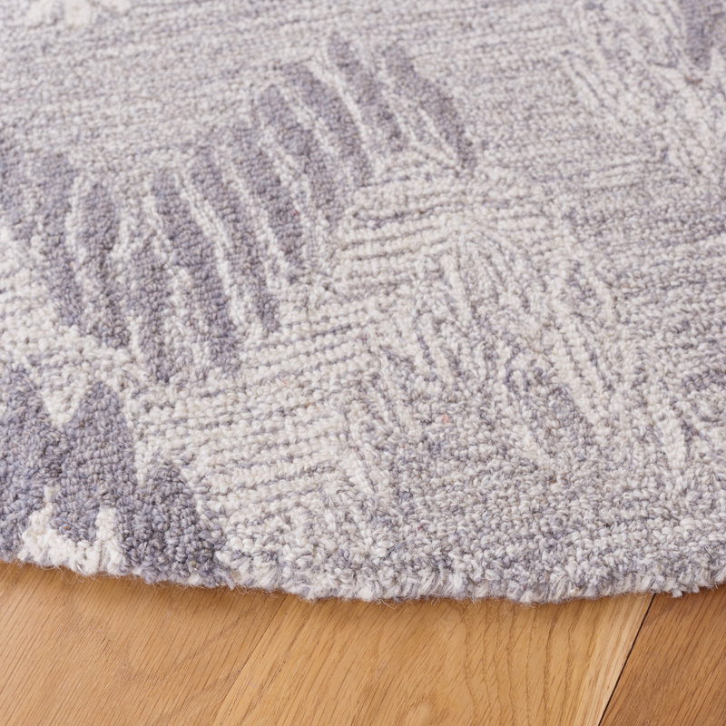 Ikat Hand Tufted Wool/Cotton Ikat Rug in Ivory/Gray, Round 6'
