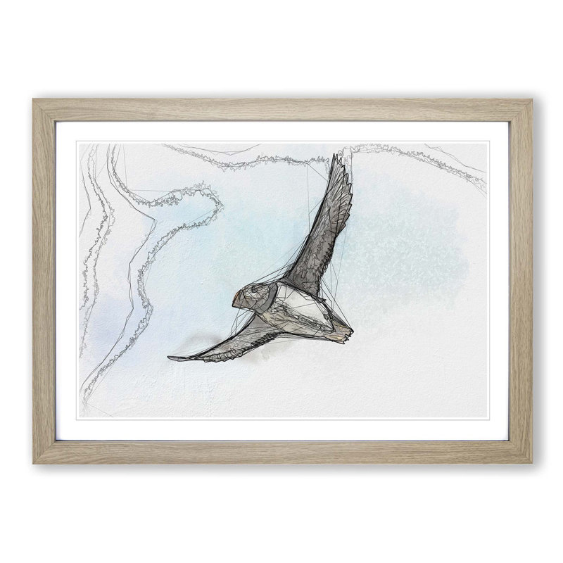 Flying Atlantic Puffin Bird in Abstract - Framed Print, 35cm H x 50cm W x 2cm D, Oak