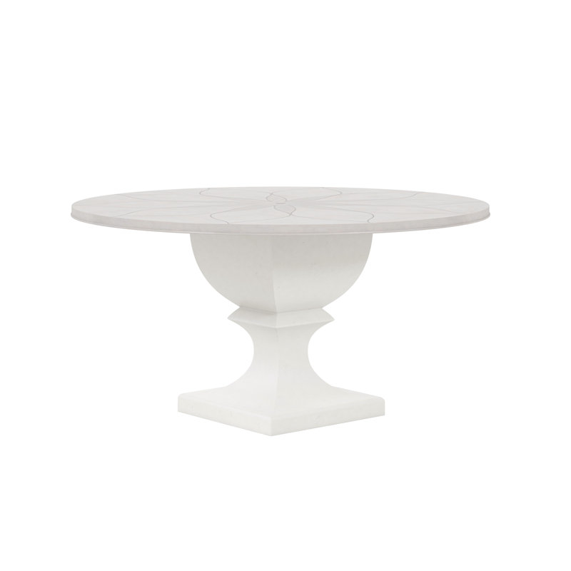 Dove Gray Round Wood Dining Table with Floral Inlay, Seats Six