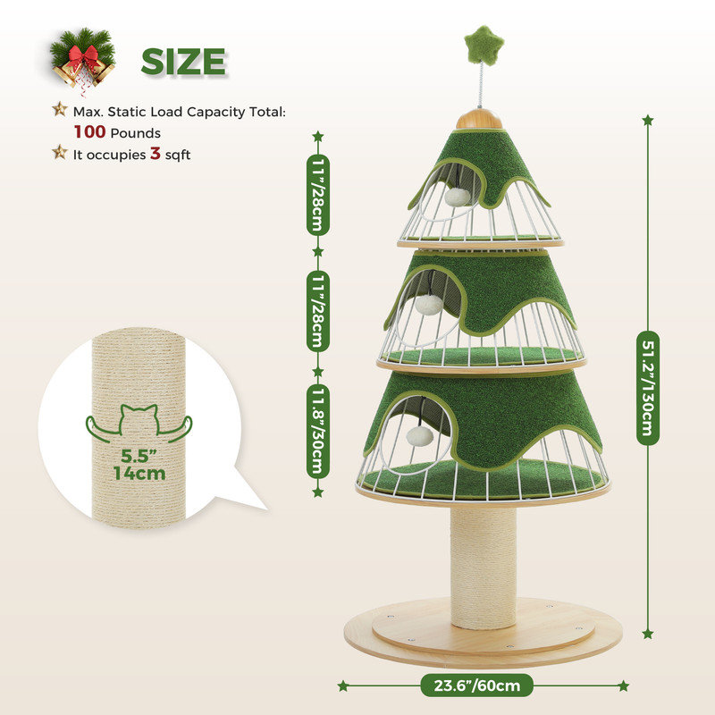 Cat Scratching Post, Christmas Tree Tall Cat Scratching Board With Natural Sisal Scratching Rods And Interactive Toy Ball For Kittens And Kittens