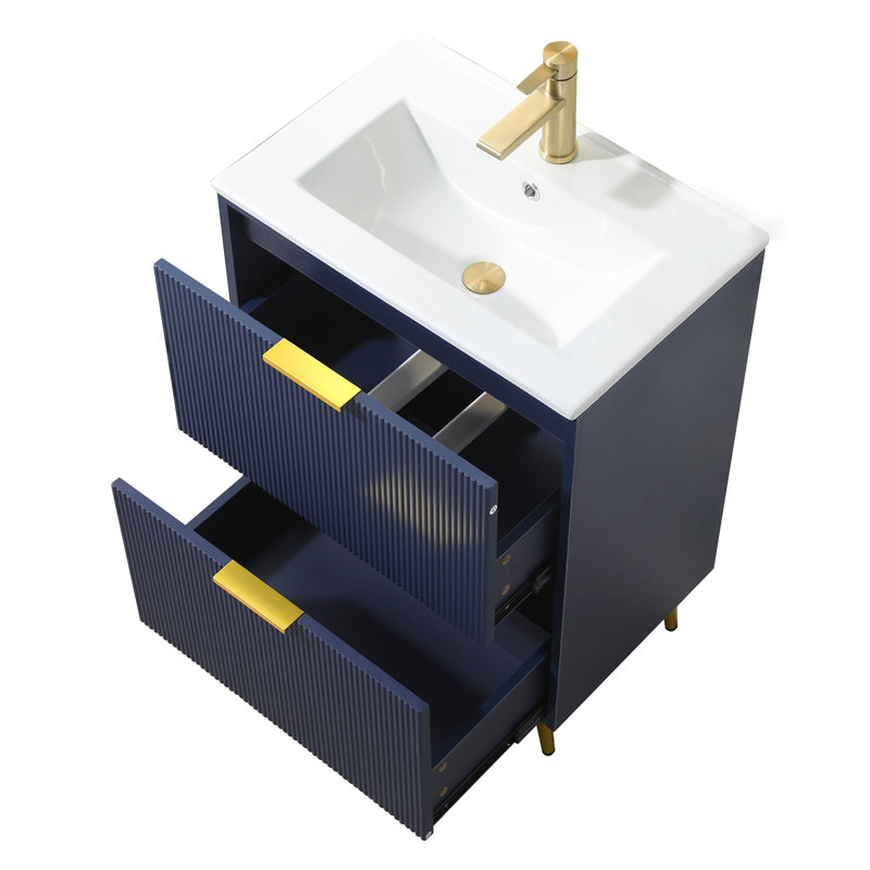 24" Modern Free-Standing Single Bathroom Vanity With Ceramic Top, Blue