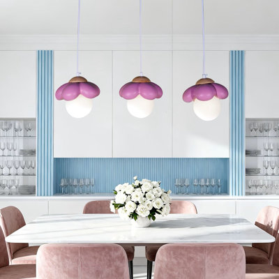 Pink Cream Style Floral Dining Pendant | Wrought Iron & Wood, Semi Flush Mount, With 3X 3-Color G9 Bulbs, Cozy Creative Dining Room Lighting
